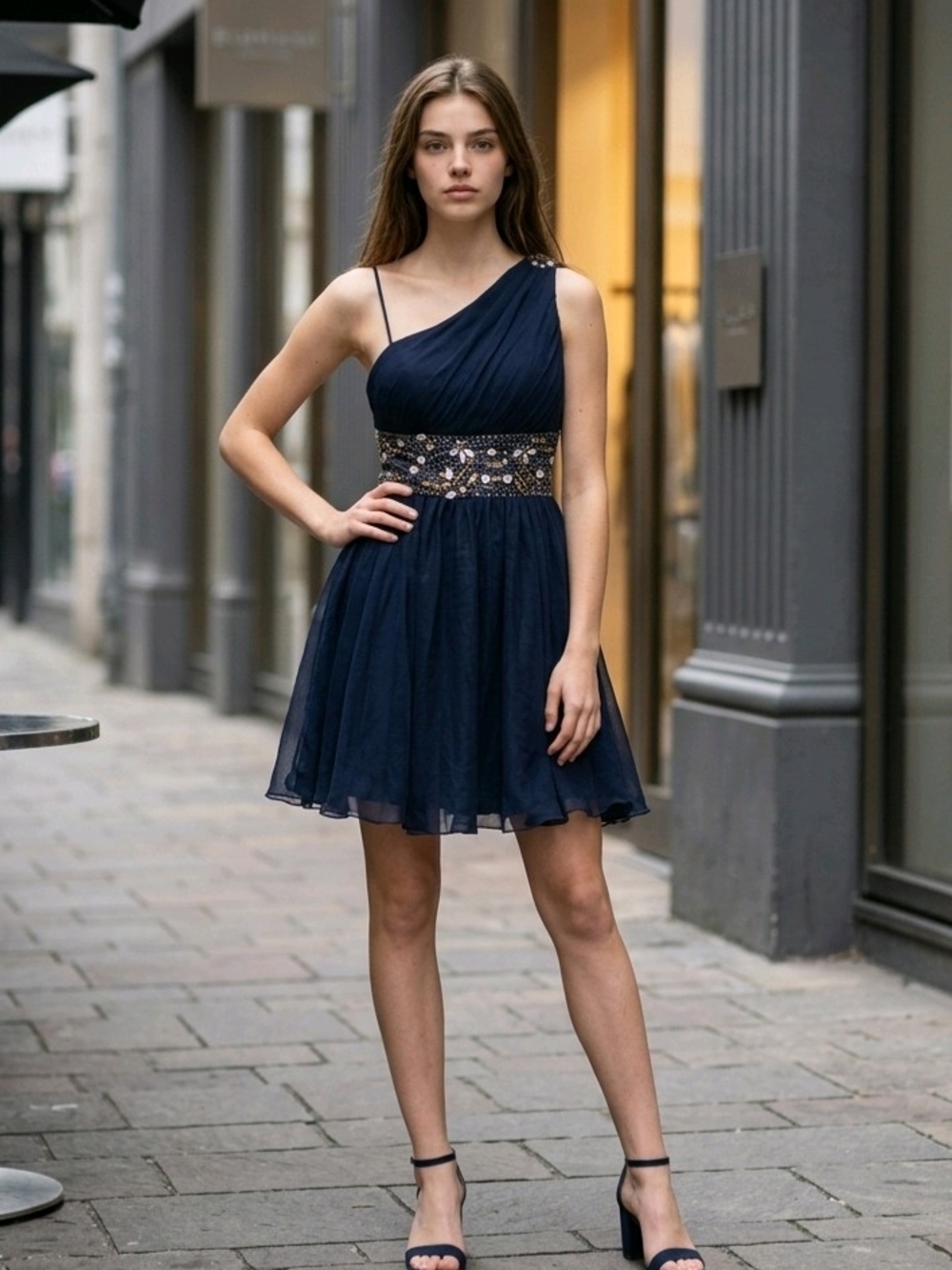 Navy One-Shoulder Embellished Waist Cocktail Dress